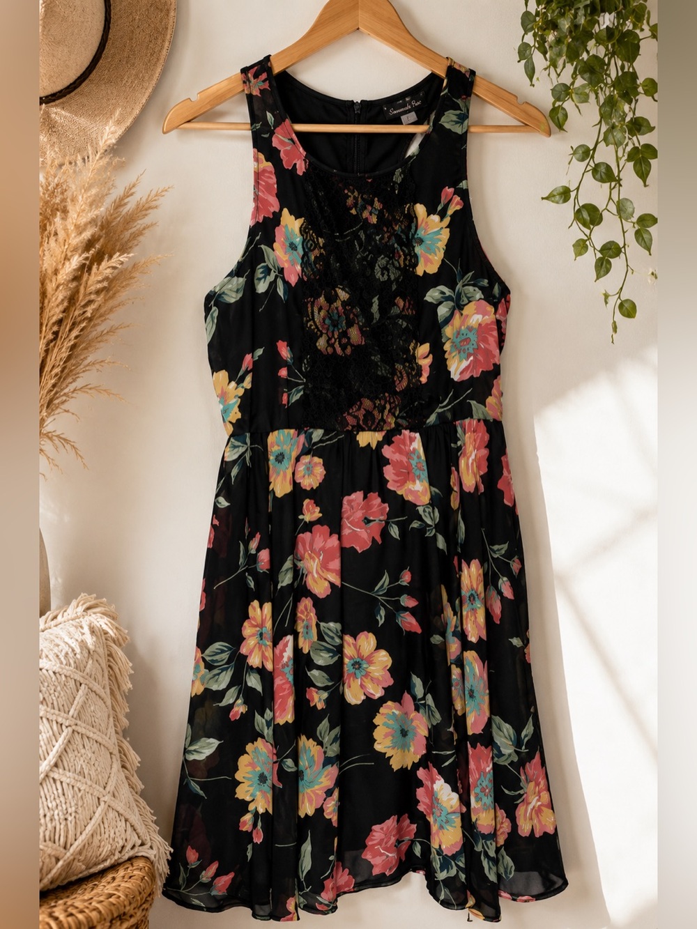 Boho Floral Lace Sleeveless Babydoll Dress Black Large
